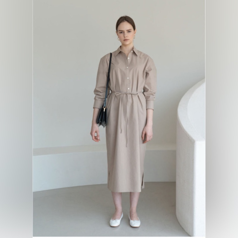 Button-Front Midi Shirt Dress in Beige - Picture 3 of 4